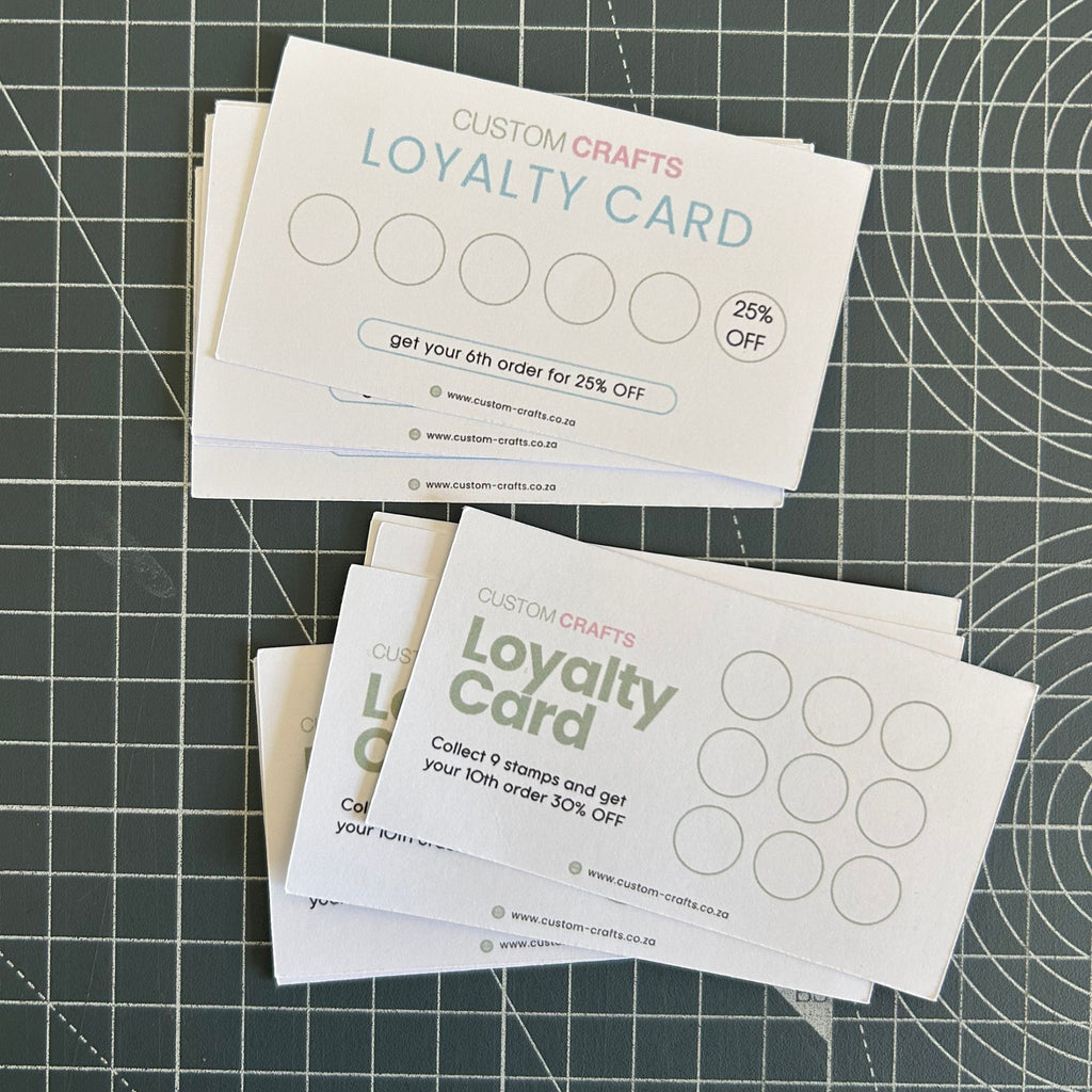 Custom Loyalty Cards for small business in South Africa, perfect for service based businesses. 9x5cm standard business card size.